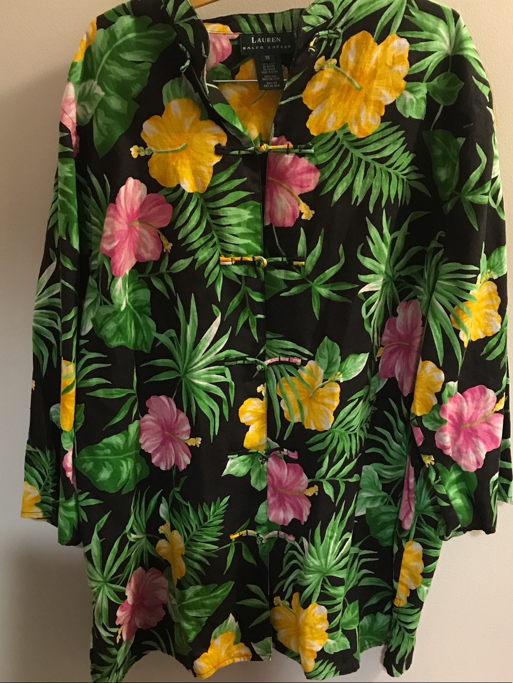 Ralph Lauren Black Tropical Linen Tunic with Pink & Yellow Hibiscus